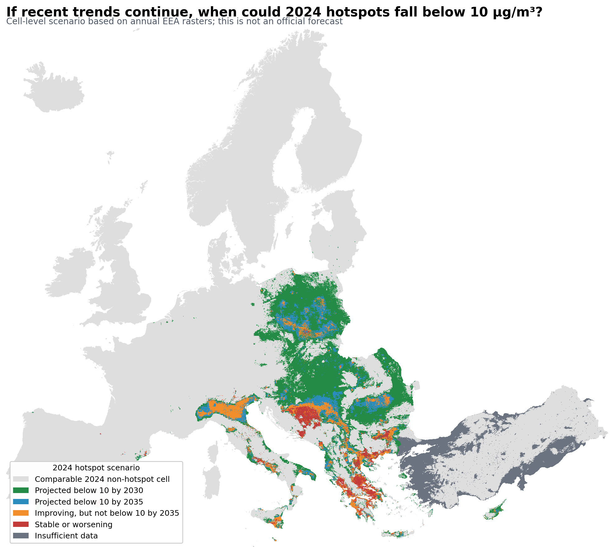 Map classifying 2024 PM2.5 hotspot cells by when recent trends would carry them below 10 micrograms per cubic metre