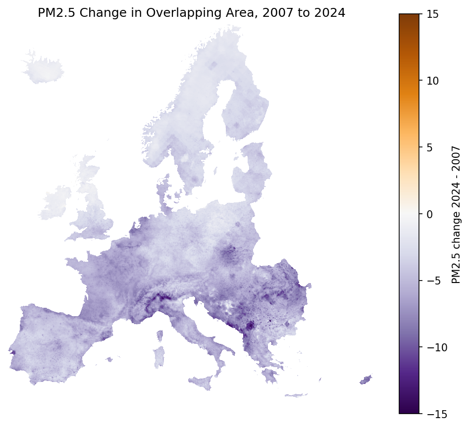 Overlap-based PM2.5 change map from 2007 to 2024