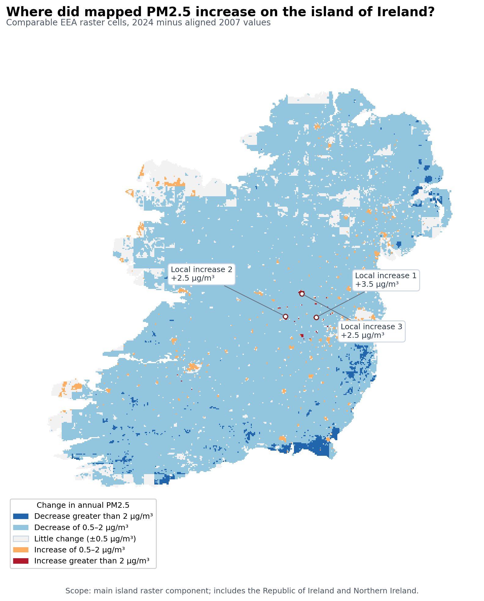 Detailed map of local PM2.5 change across comparable raster cells on the island of Ireland