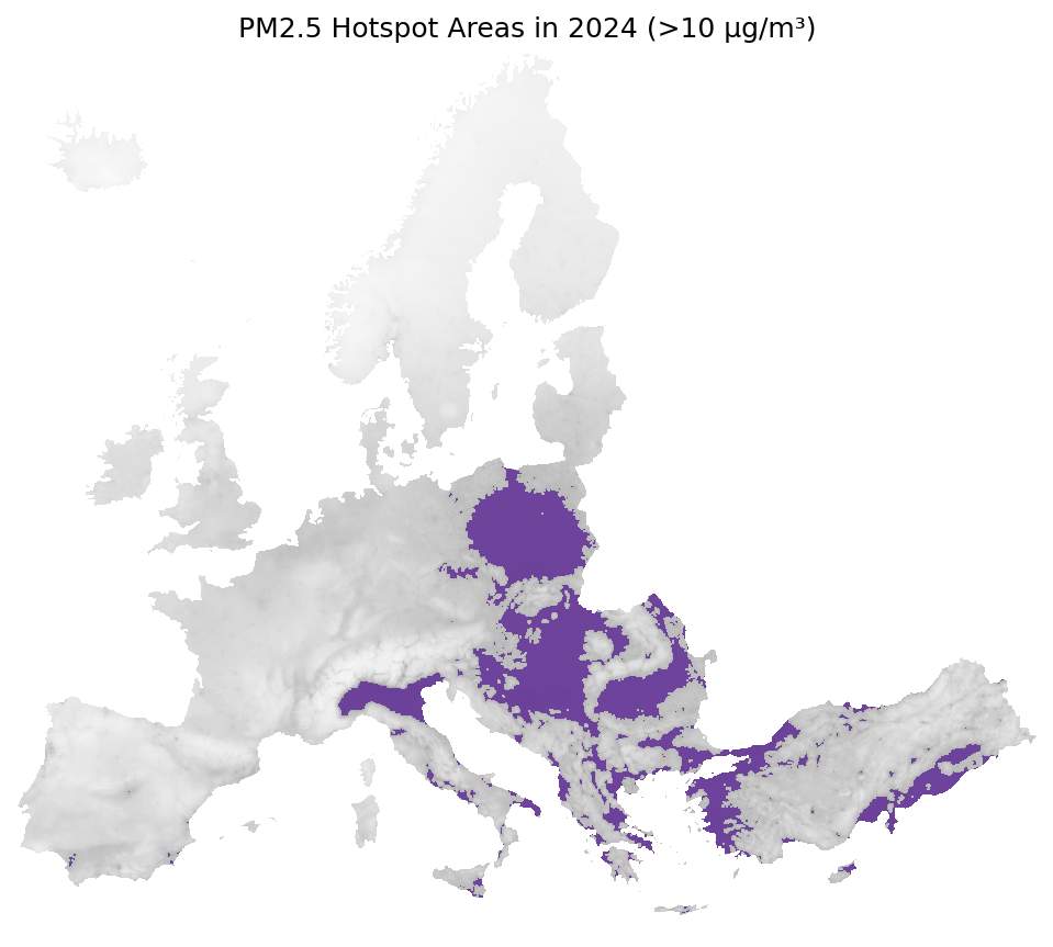 Map highlighting PM2.5 hotspots above the threshold in 2024